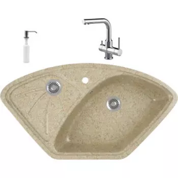 Кухонная мойка и смеситель GreenStone GRS-10E-302 Lemark Comfort LM3061C с сифоном и дозатором, песочный