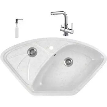 Кухонная мойка и смеситель GreenStone GRS-10E-331 Lemark Comfort LM3061C с сифоном и дозатором, белая
