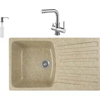 Кухонная мойка и смеситель GreenStone GRS-12-302 Lemark Comfort LM3061C с сифоном и дозатором, песочная