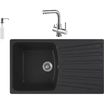Кухонная мойка и смеситель GreenStone GRS-12-343 Lemark Comfort LM3061C с сифоном и дозатором, антрацит