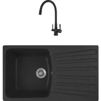Кухонная мойка и смеситель GreenStone GRS-12-343 Lemark Comfort LM3075BL с сифоном, антрацит