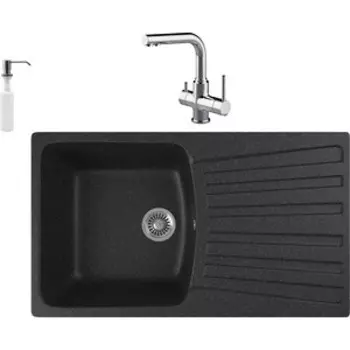 Кухонная мойка и смеситель GreenStone GRS-12-308 Lemark Comfort LM3061C с сифоном и дозатором, черная