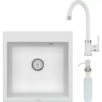 Кухонная мойка и смеситель Point Арбель 51 с дозатором, белая (PN3001W, PN3101W, PN3201W)