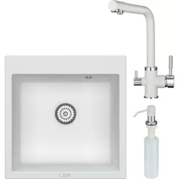 Кухонная мойка и смеситель Point Арбель 51 с дозатором, белая (PN3001W, PN3103W, PN3201W)
