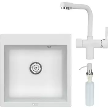 Кухонная мойка и смеситель Point Арбель 51 с дозатором, белая (PN3001W, PN3104W, PN3201W)