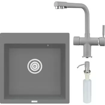 Кухонная мойка и смеситель Point Арбель 51 с дозатором, серая (PN3001AL, PN3104AL, PN3201AL)