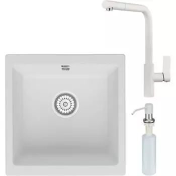 Кухонная мойка и смеситель Point Бату 45 с дозатором, белая (PN3008W, PN3102W, PN3201W)