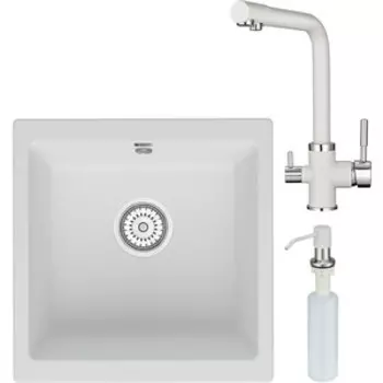 Кухонная мойка и смеситель Point Бату 45 с дозатором, белая (PN3008W, PN3103W, PN3201W)