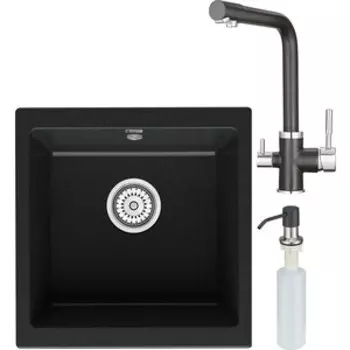 Кухонная мойка и смеситель Point Бату 45 с дозатором, черная (PN3008B, PN3103B, PN3201B)