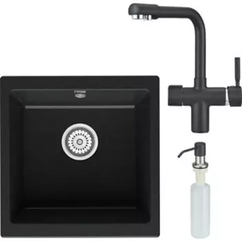 Кухонная мойка и смеситель Point Бату 45 с дозатором, черная (PN3008B, PN3104B, PN3201B)