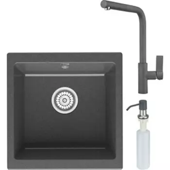 Кухонная мойка и смеситель Point Бату 45 с дозатором, графит (PN3008GR, PN3102GR, PN3201GR)