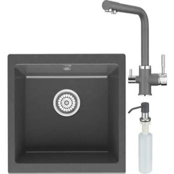 Кухонная мойка и смеситель Point Бату 45 с дозатором, графит (PN3008GR, PN3103GR, PN3201GR)