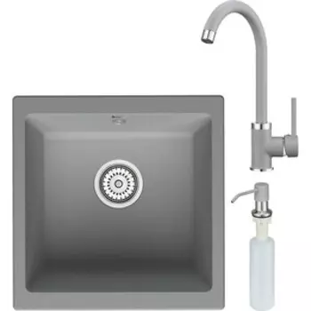 Кухонная мойка и смеситель Point Бату 45 с дозатором, серая (PN3008AL, PN3101AL, PN3201AL)