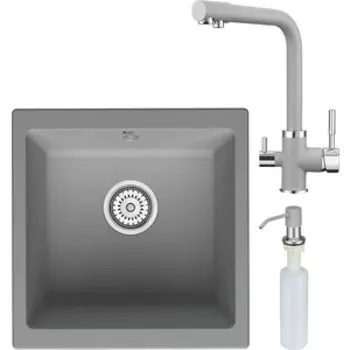 Кухонная мойка и смеситель Point Бату 45 с дозатором, серая (PN3008AL, PN3103AL, PN3201AL)