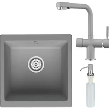 Кухонная мойка и смеситель Point Бату 45 с дозатором, серая (PN3008AL, PN3104AL, PN3201AL)