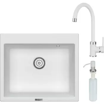 Кухонная мойка и смеситель Point Бинга 60 с дозатором, белая (PN3003W, PN3101W, PN3201W)