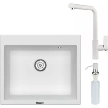 Кухонная мойка и смеситель Point Бинга 60 с дозатором, белая (PN3003W, PN3102W, PN3201W)