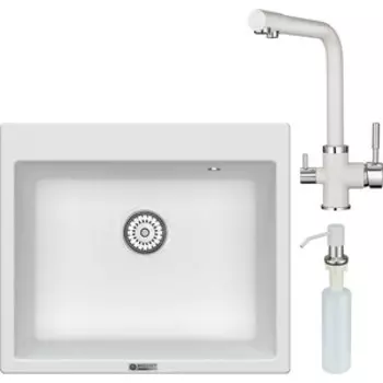 Кухонная мойка и смеситель Point Бинга 60 с дозатором, белая (PN3003W, PN3103W, PN3201W)