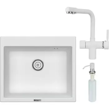 Кухонная мойка и смеситель Point Бинга 60 с дозатором, белая (PN3003W, PN3104W, PN3201W)