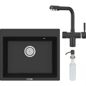 Кухонная мойка и смеситель Point Бинга 60 с дозатором, черная (PN3003B, PN3104B, PN3201B)