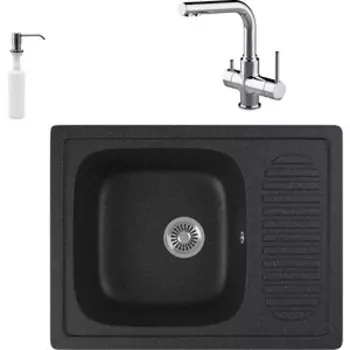 Кухонная мойка и смеситель GreenStone GRS-13-308 Lemark Comfort LM3061C с сифоном и дозатором, черная