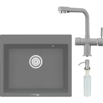 Кухонная мойка и смеситель Point Бинга 60 с дозатором, серая (PN3003AL, PN3104AL, PN3201AL)