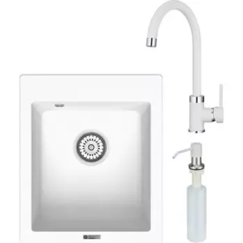 Кухонная мойка и смеситель Point Динара 42 с дозатором, белая (PN3004W, PN3101W, PN3201W)