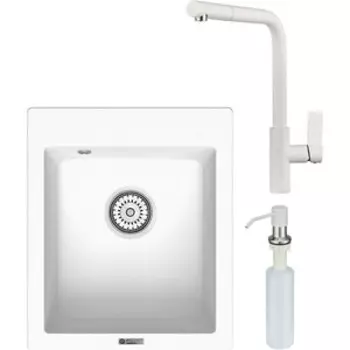 Кухонная мойка и смеситель Point Динара 42 с дозатором, белая (PN3004W, PN3102W, PN3201W)