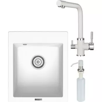 Кухонная мойка и смеситель Point Динара 42 с дозатором, белая (PN3004W, PN3103W, PN3201W)