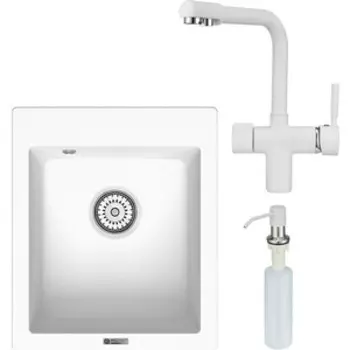 Кухонная мойка и смеситель Point Динара 42 с дозатором, белая (PN3004W, PN3104W, PN3201W)