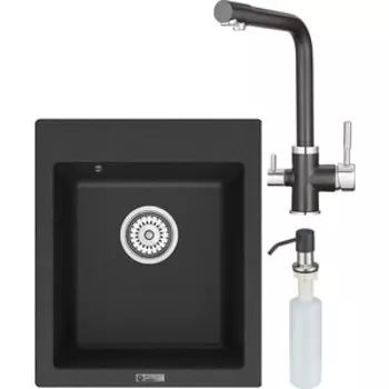 Кухонная мойка и смеситель Point Динара 42 с дозатором, черная (PN3004B, PN3103B, PN3201B)