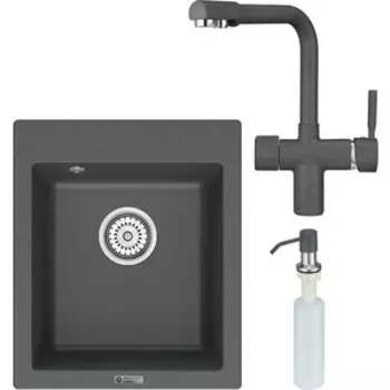 Кухонная мойка и смеситель Point Динара 42 с дозатором, графит (PN3004GR, PN3104GR, PN3201GR)