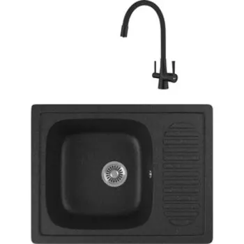 Кухонная мойка и смеситель GreenStone GRS-13-308 Lemark Comfort LM3075BL с сифоном, черная