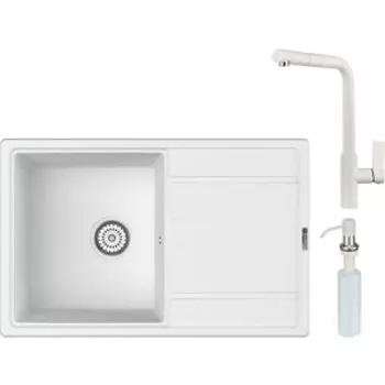 Кухонная мойка и смеситель Point Лаура 78 с дозатором, белая (PN3005W, PN3102W, PN3201W)