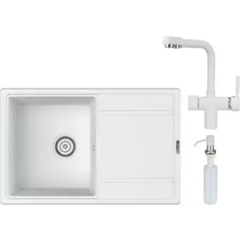 Кухонная мойка и смеситель Point Лаура 78 с дозатором, белая (PN3005W, PN3104W, PN3201W)