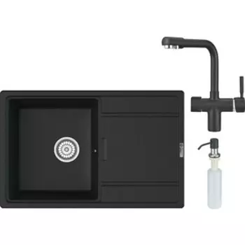Кухонная мойка и смеситель Point Лаура 78 с дозатором, черная (PN3005B, PN3104B, PN3201B)