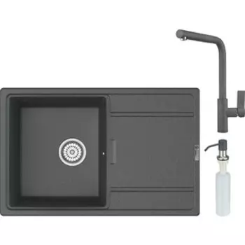 Кухонная мойка и смеситель Point Лаура 78 с дозатором, графит (PN3005GR, PN3102GR, PN3201GR)