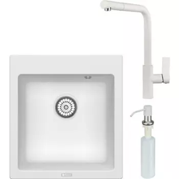 Кухонная мойка и смеситель Point Моко 47 с дозатором, белая (PN3006W, PN3102W, PN3201W)
