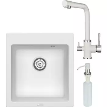 Кухонная мойка и смеситель Point Моко 47 с дозатором, белая (PN3006W, PN3103W, PN3201W)