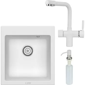 Кухонная мойка и смеситель Point Моко 47 с дозатором, белая (PN3006W, PN3104W, PN3201W)