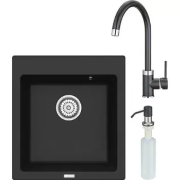 Кухонная мойка и смеситель Point Моко 47 с дозатором, черная (PN3006B, PN3101B, PN3201B)
