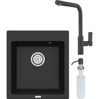 Кухонная мойка и смеситель Point Моко 47 с дозатором, черная (PN3006B, PN3102B, PN3201B)