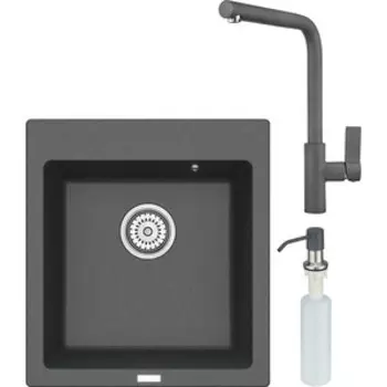 Кухонная мойка и смеситель Point Моко 47 с дозатором, графит (PN3006GR, PN3102GR, PN3201GR)