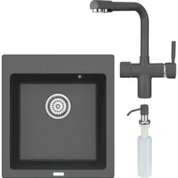 Кухонная мойка и смеситель Point Моко 47 с дозатором, графит (PN3006GR, PN3104GR, PN3201GR)
