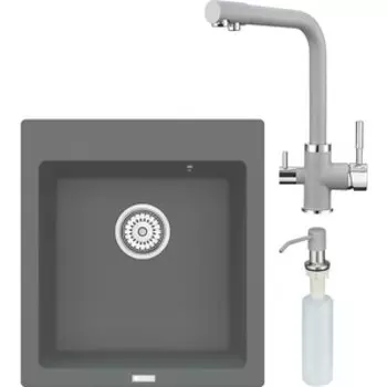 Кухонная мойка и смеситель Point Моко 47 с дозатором, серая (PN3006AL, PN3103AL, PN3201AL)
