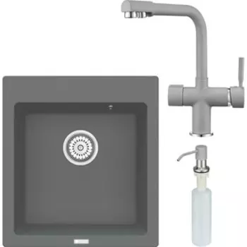 Кухонная мойка и смеситель Point Моко 47 с дозатором, серая (PN3006AL, PN3104AL, PN3201AL)