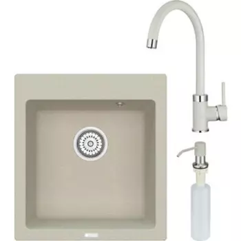 Кухонная мойка и смеситель Point Моко 47 с дозатором, светло-бежевая (PN3006BG, PN3101BG, PN3201BG)