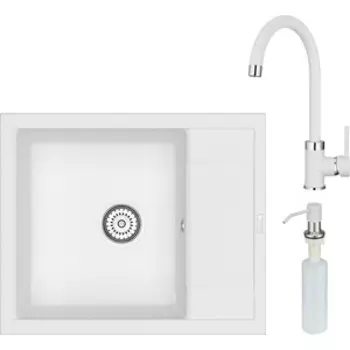 Кухонная мойка и смеситель Point Римо 60 с дозатором, белая (PN3010W, PN3101W, PN3201W)