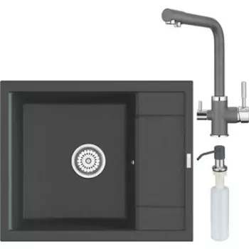 Кухонная мойка и смеситель Point Римо 60 с дозатором, графит (PN3010GR, PN3103GR, PN3201GR)