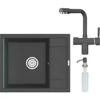 Кухонная мойка и смеситель Point Римо 60 с дозатором, графит (PN3010GR, PN3104GR, PN3201GR)